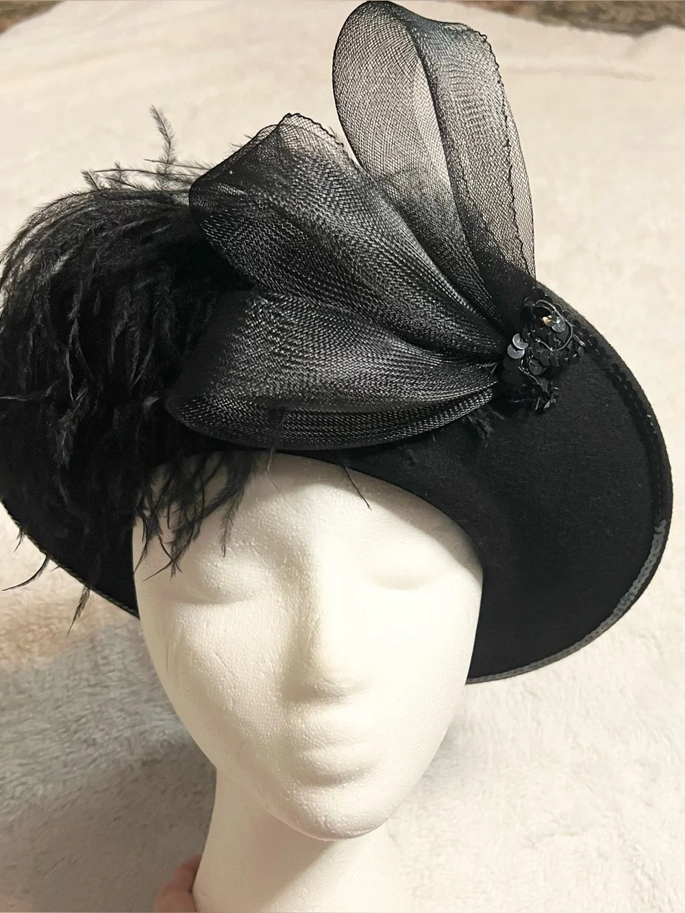 Vintage Black Wool Feathered Organza Fascinator Hat Derby Church Wedding Funeral